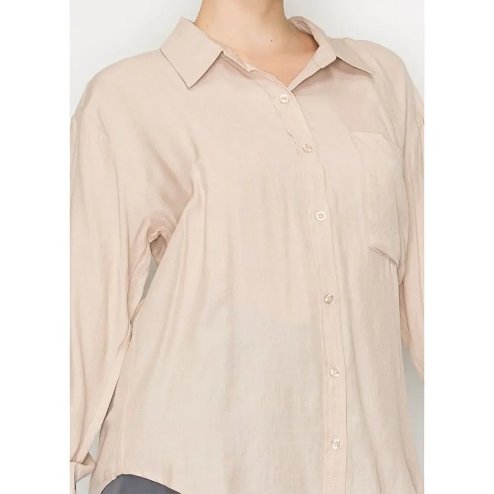 beige linen button up shirt long sleeve